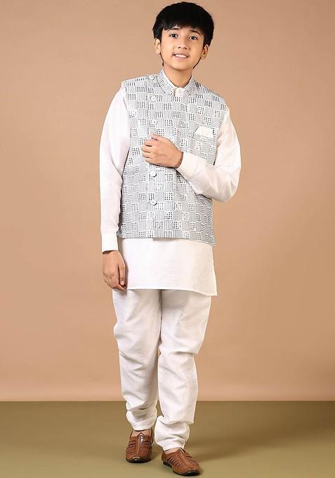 White Embroidered Cotton Nehru Jacket Set For Boys — view on Indya