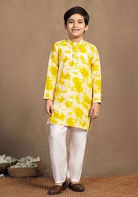 Yellow Sequinned Blended Kurta Set For Boys