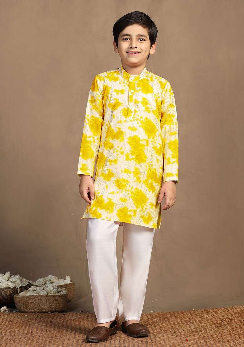 Yellow Sequinned Blended Kurta Set For Boys - Indya