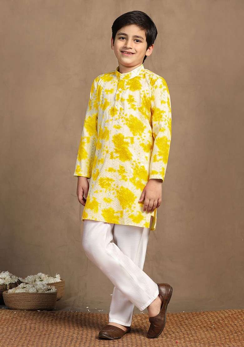 Yellow Sequinned Blended Kurta Set For Boys - Indya