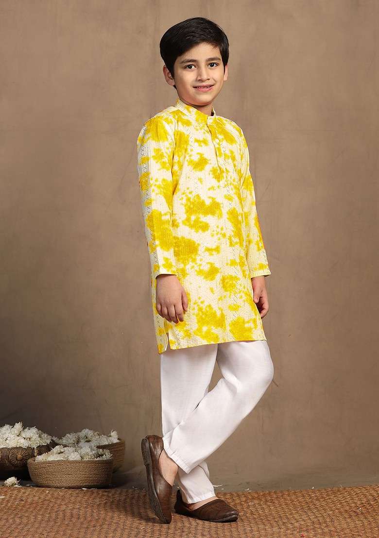 Yellow Sequinned Blended Kurta Set For Boys - Indya