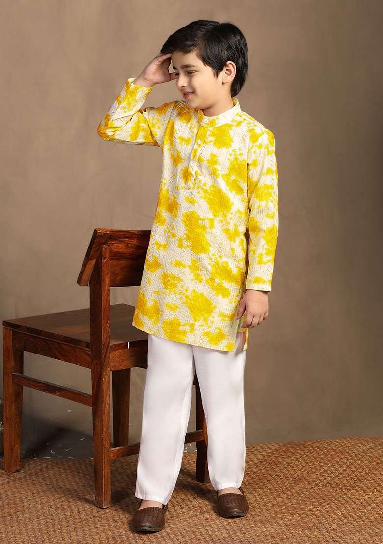 Yellow Sequinned Blended Kurta Set For Boys - Indya