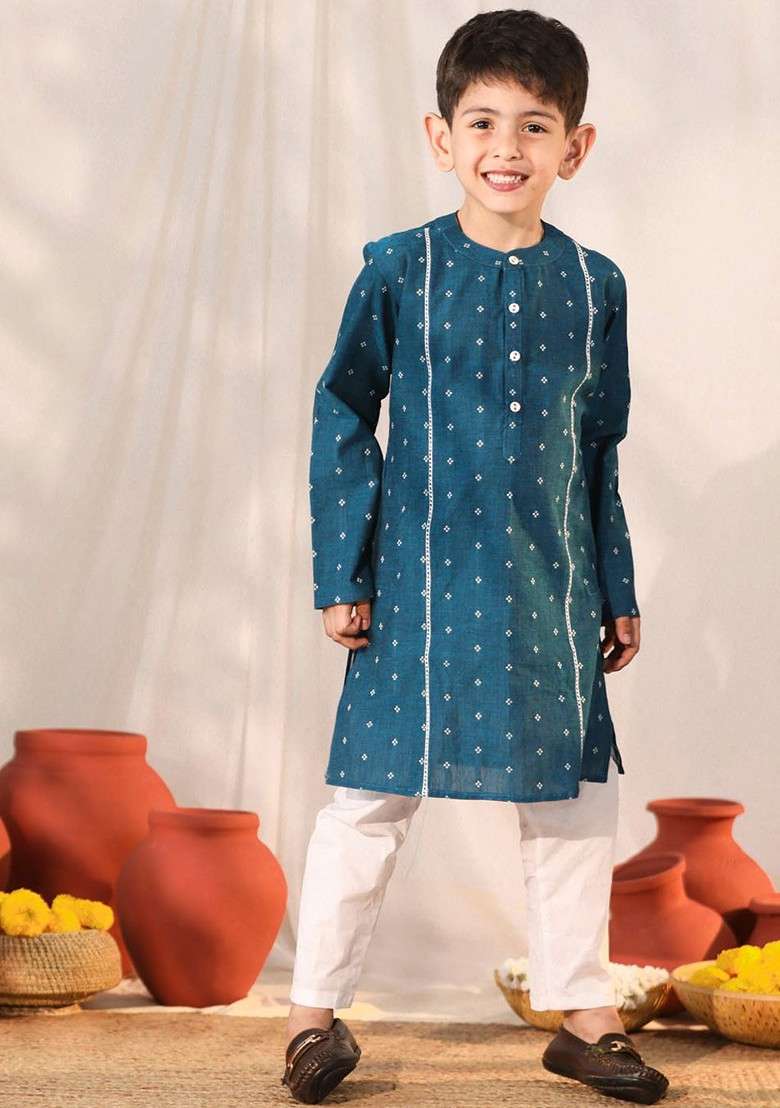 Turquoise Blue Floral Blended Kurta Set For Boys - Indya