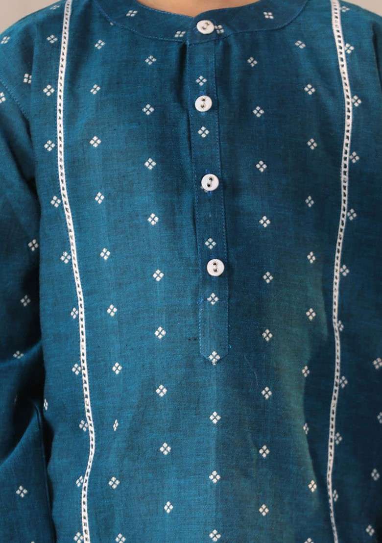 Turquoise Blue Floral Blended Kurta Set For Boys - Indya