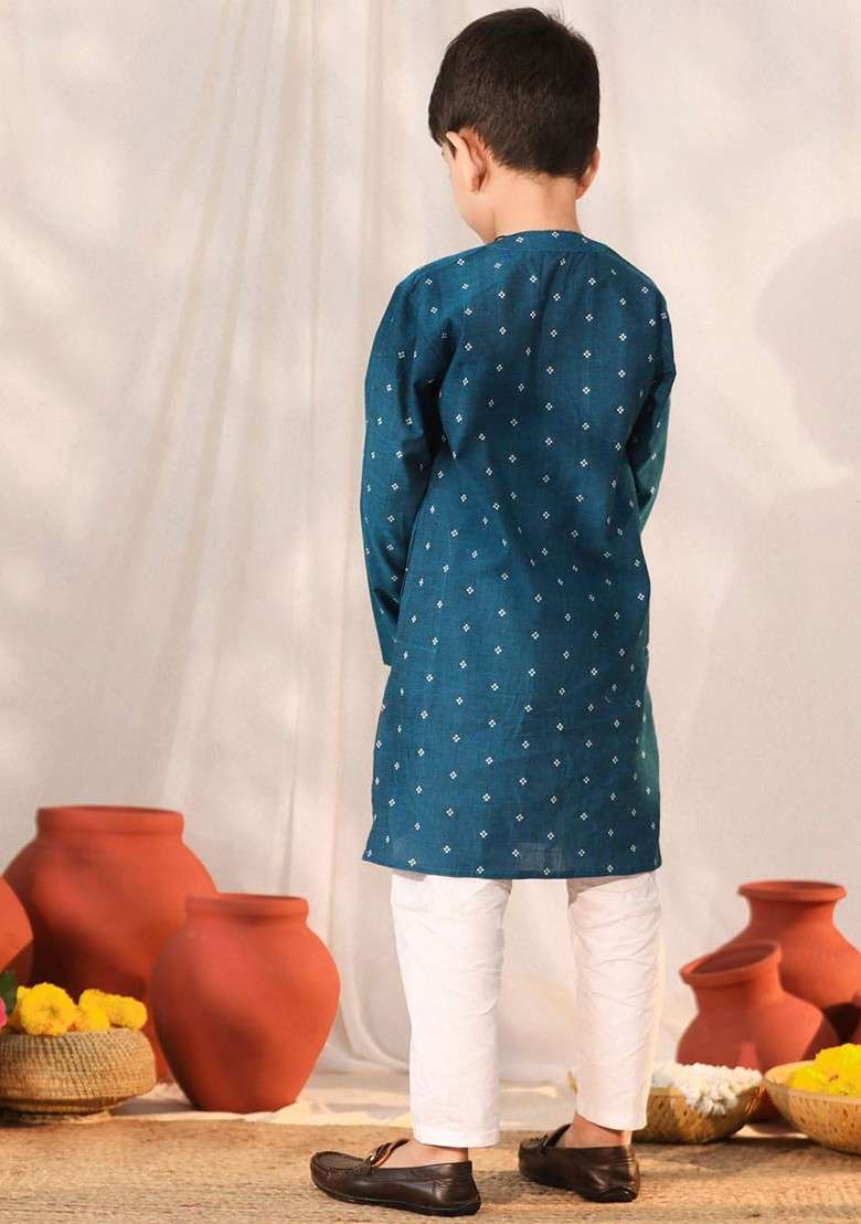 Turquoise Blue Floral Blended Kurta Set For Boys - Indya