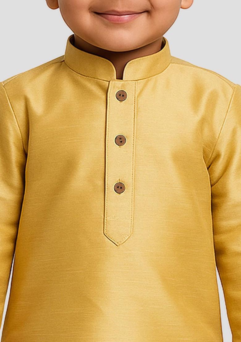 Gold Embroidered Blended Kurta Set For Boys - Indya