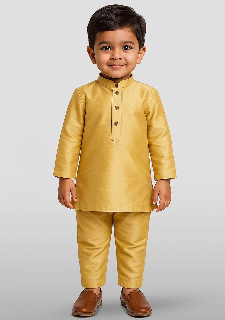 Gold Embroidered Blended Kurta Set For Boys - Indya