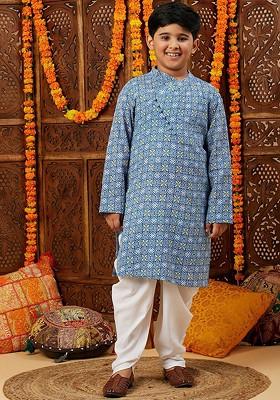 Blue Printed Cotton Kurta Dhoti Set For Boys