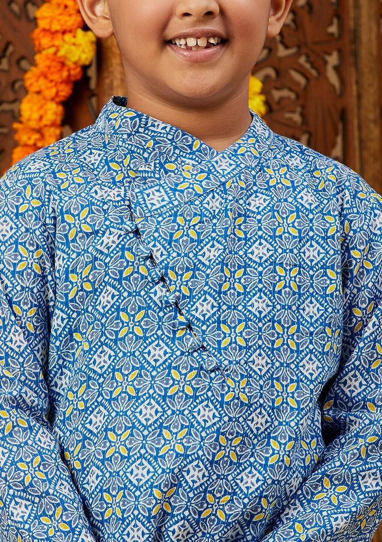 Blue Printed Cotton Kurta Dhoti Set For Boys - Indya