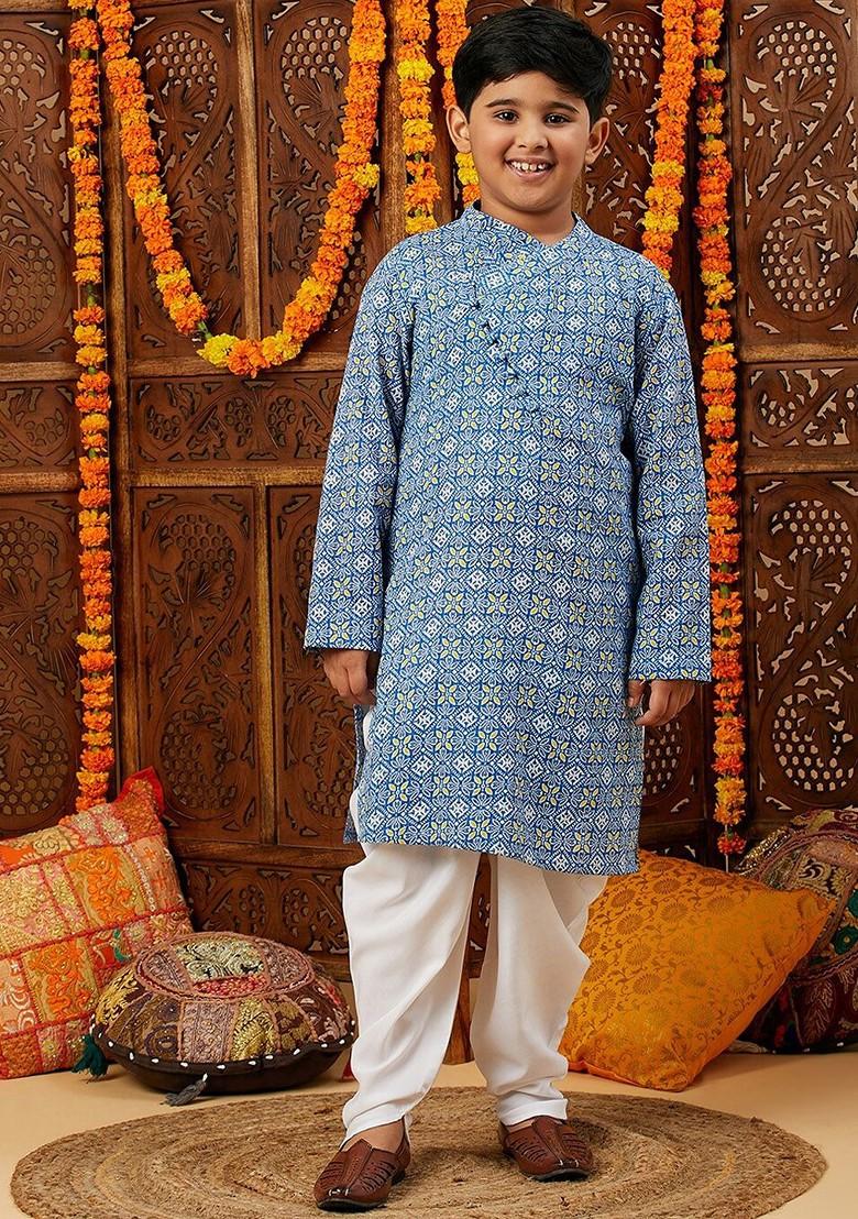 Blue Printed Cotton Kurta Dhoti Set For Boys - Indya