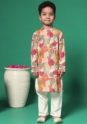 Mustard Printed Cotton Kurta Set For Boys