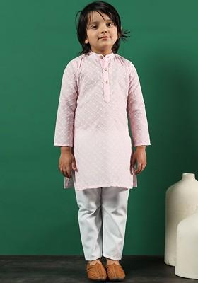 Pink Embroidered Cotton Kurta Set For Boys