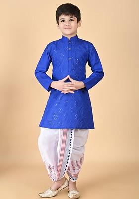 Blue Embroidered Cotton Kurta Dhoti Set For Boys
