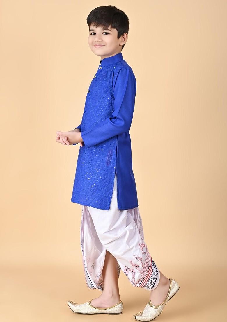 Blue Embroidered Cotton Kurta Dhoti Set For Boys - Indya