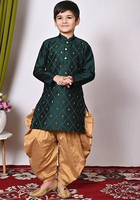 Green Embroidered Silk Kurta Set For Boys
