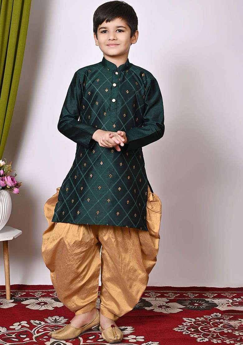 Green Embroidered Silk Kurta Set For Boys - Indya