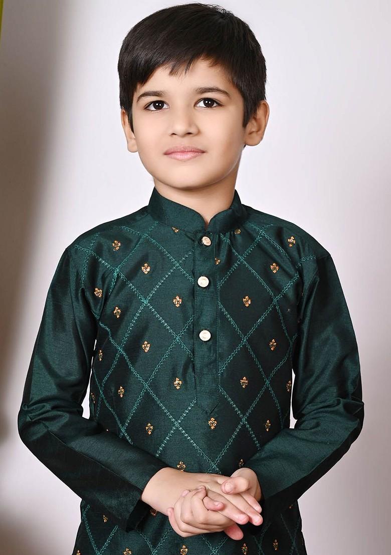 Green Embroidered Silk Kurta Set For Boys - Indya