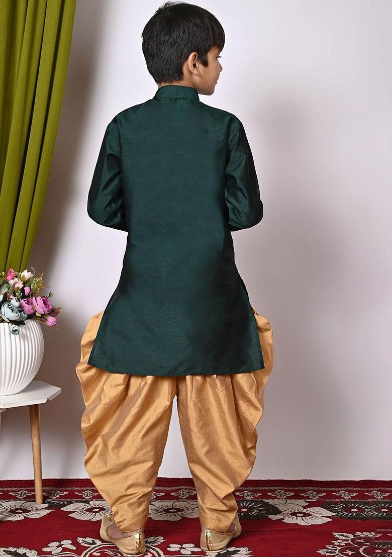 Green Embroidered Silk Kurta Set For Boys - Indya