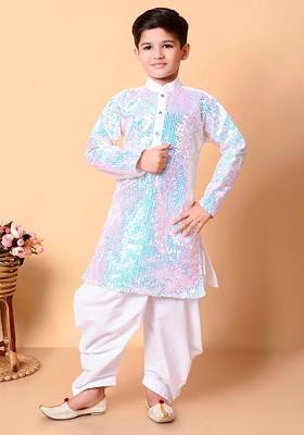 White Sequinned Silk Kurta Set For Boys