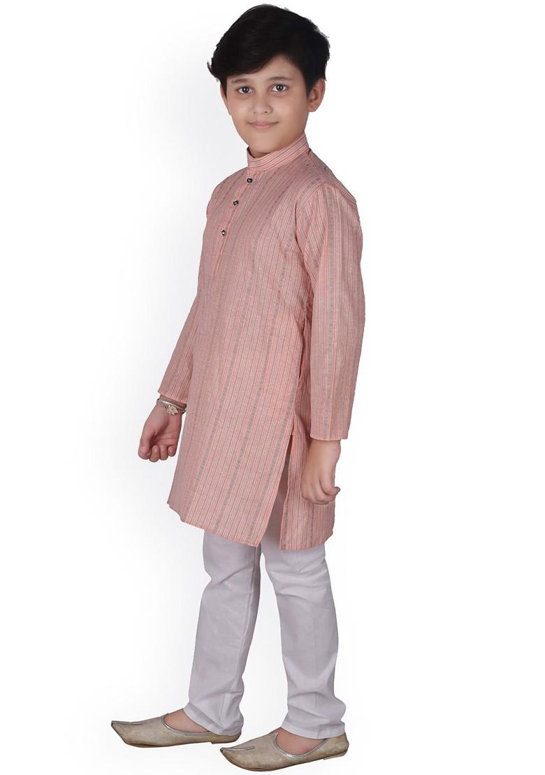 Peach Embroidered Blended Kurta Set For Boys - Indya