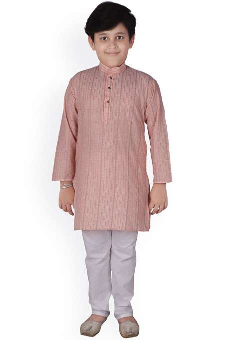 Peach Embroidered Blended Kurta Set For Boys