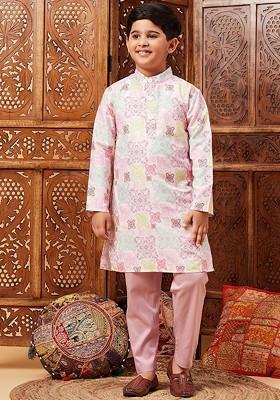 Peach Printed Blended Kurta Set For Boys