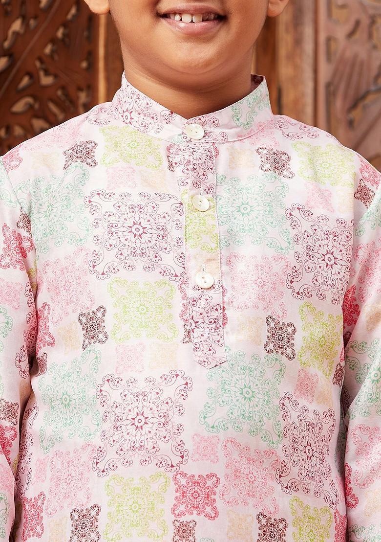 Peach Printed Blended Kurta Set For Boys - Indya