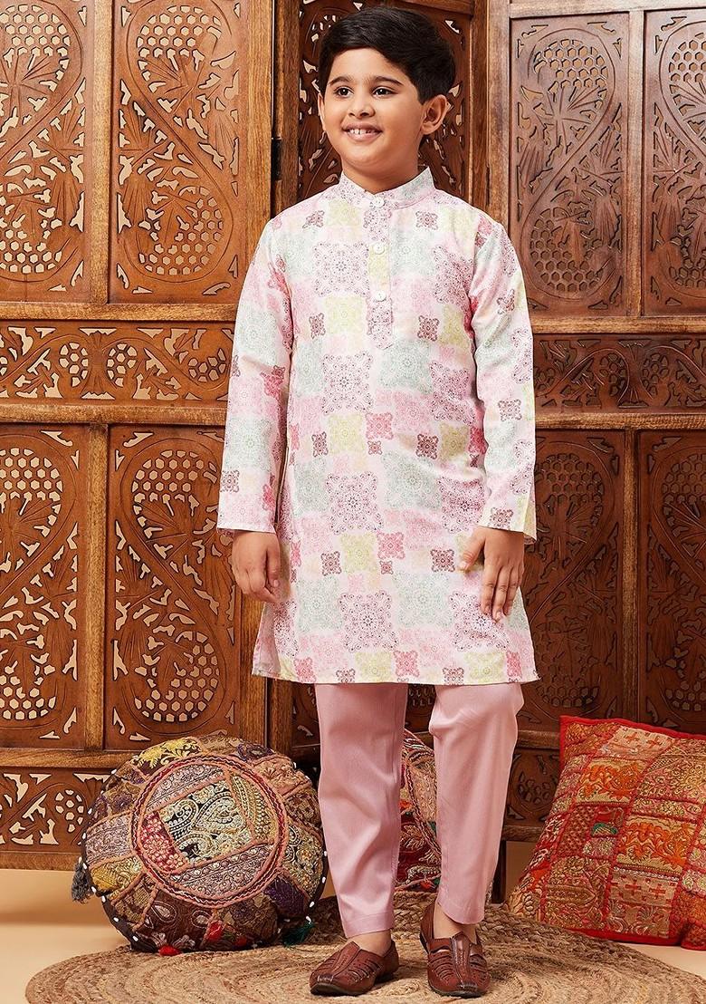 Peach Printed Blended Kurta Set For Boys - Indya