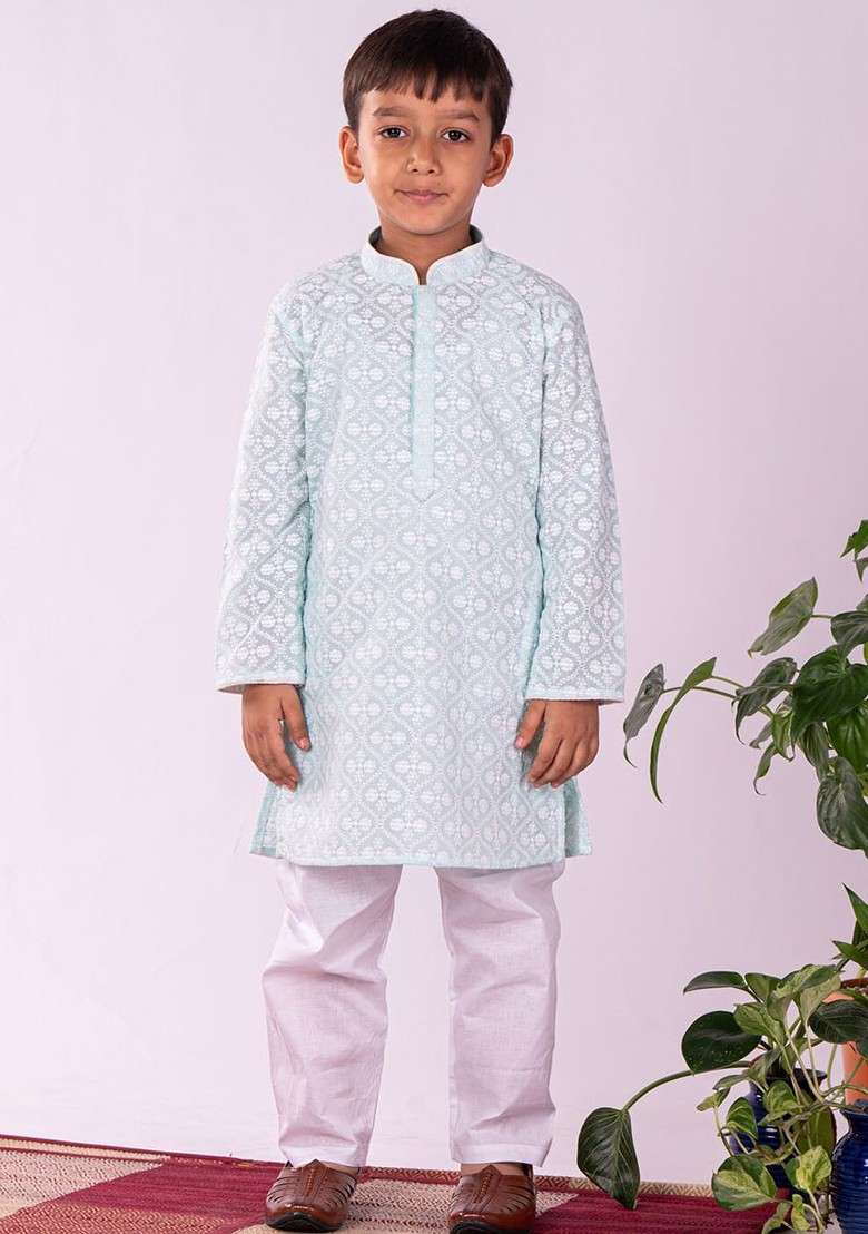 Green Embroidered Blended Kurta Set For Boys - Indya