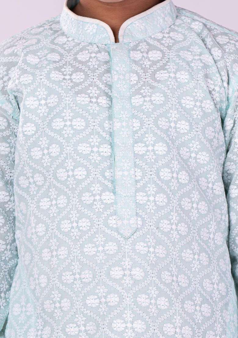 Green Embroidered Blended Kurta Set For Boys - Indya