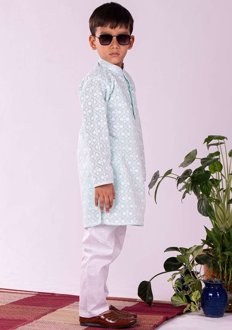 Green Embroidered Blended Kurta Set For Boys - Indya