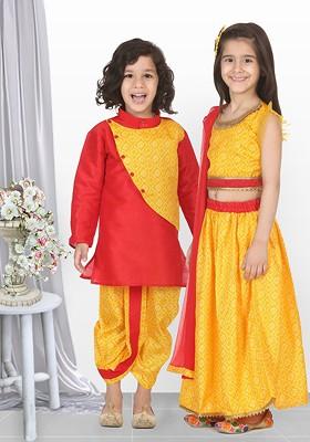 Yellow Colourblocked Blended Kurta Dhoti Set For Boys