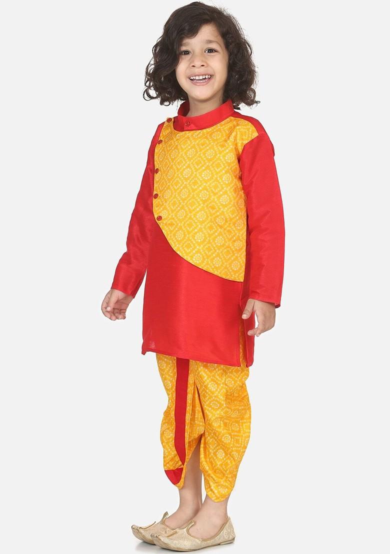 Yellow Colourblocked Blended Kurta Dhoti Set For Boys - Indya