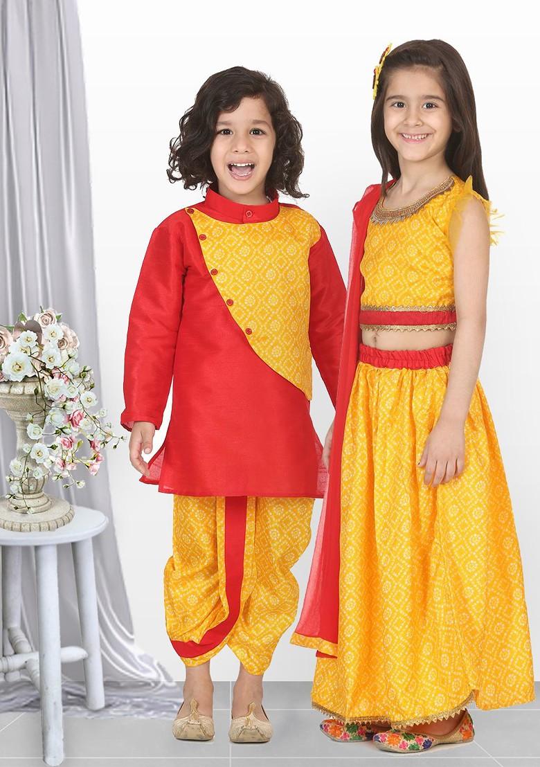 Yellow Colourblocked Blended Kurta Dhoti Set For Boys - Indya
