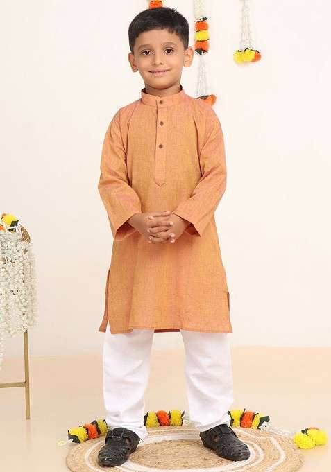 Khaki Solid Cotton Kurta Set For Boys
