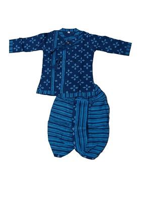Navy Blue Printed Blended Kurta Dhoti Set For Boys