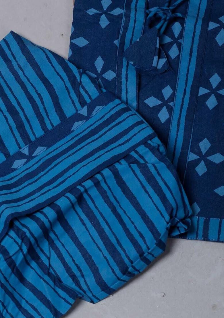 Navy Blue Printed Blended Kurta Dhoti Set For Boys - Indya