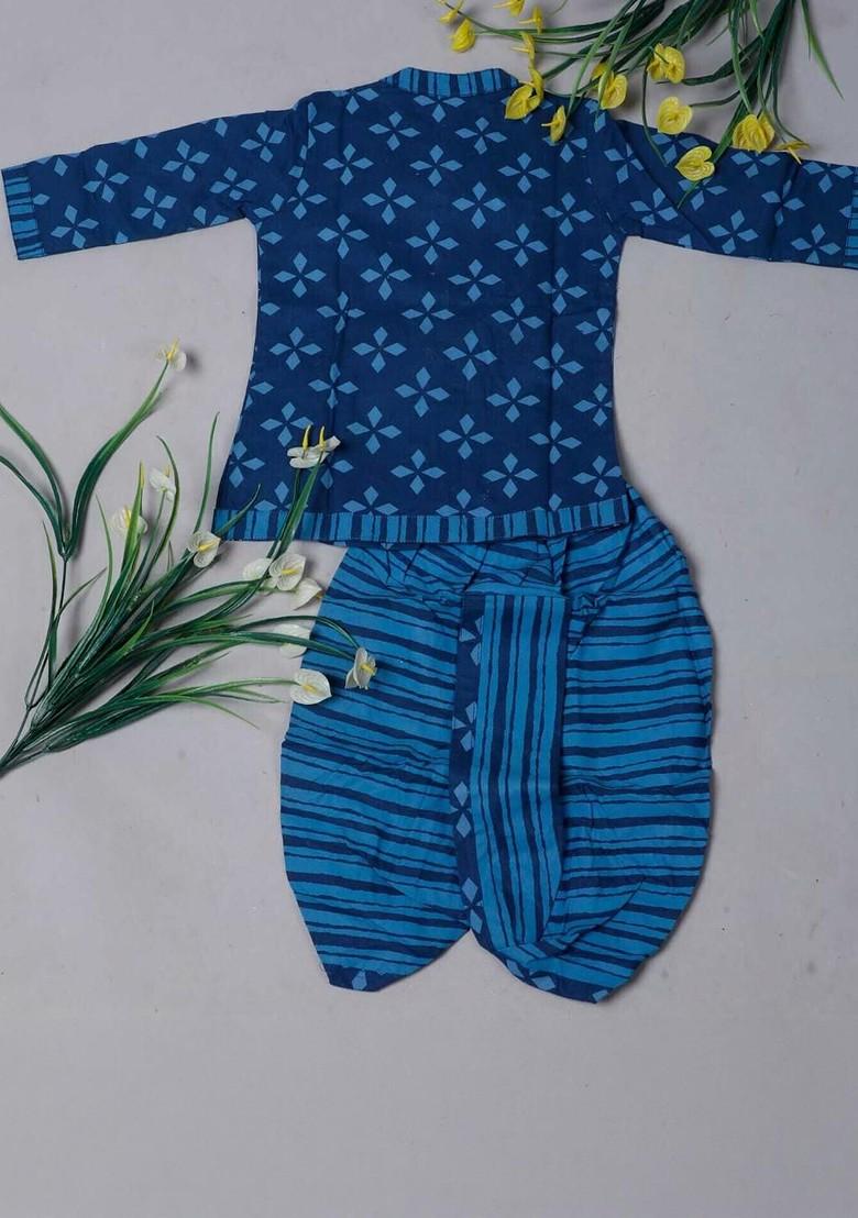 Navy Blue Printed Blended Kurta Dhoti Set For Boys - Indya