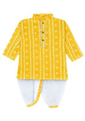 Yellow Printed Blended Kurta Dhoti Set For Boys