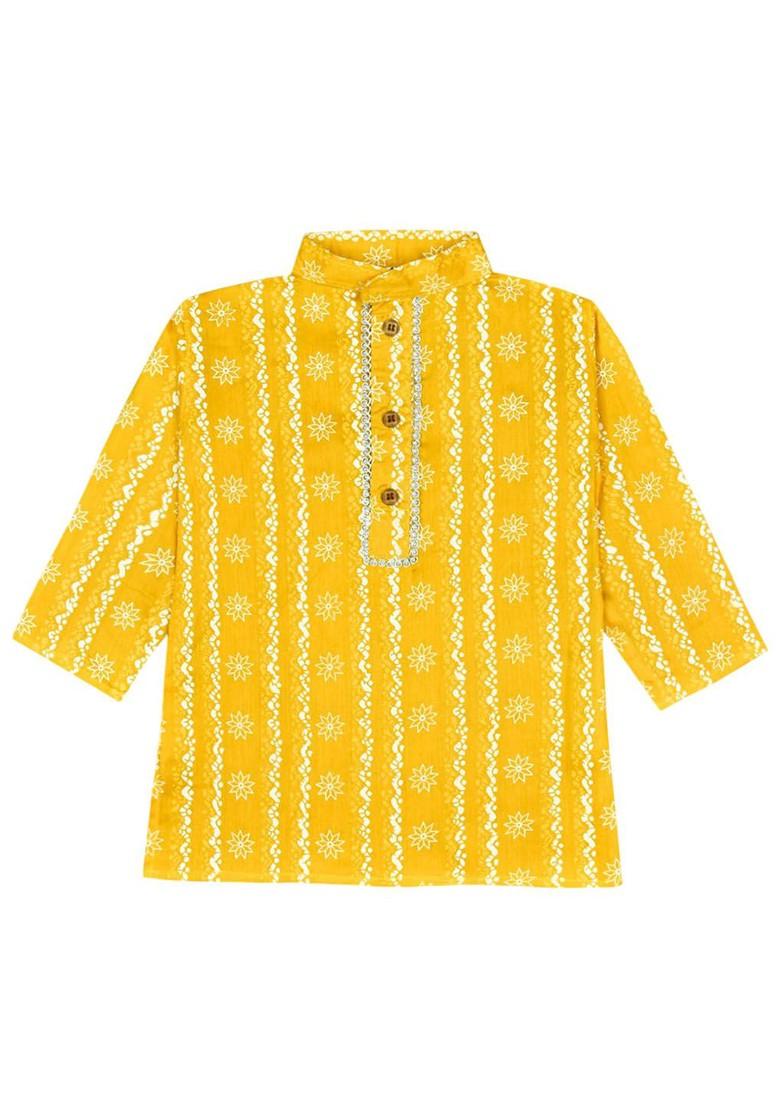 Yellow Printed Blended Kurta Dhoti Set For Boys - Indya