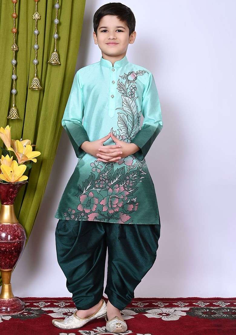 Sea Green Printed Silk Kurta Set For Boys - Indya