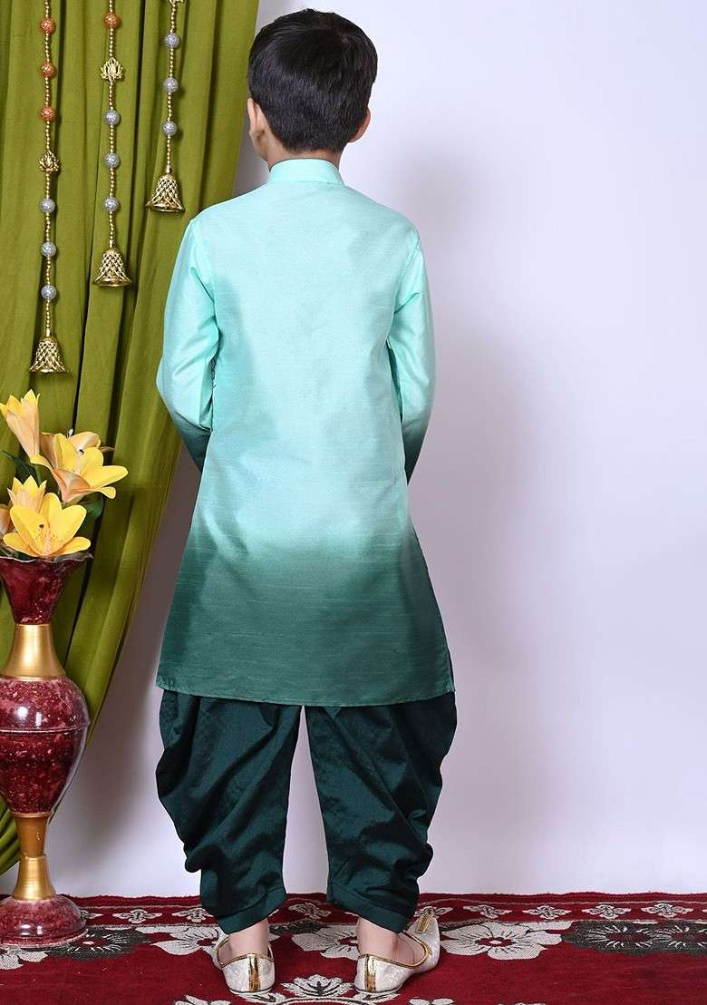 Sea Green Printed Silk Kurta Set For Boys - Indya