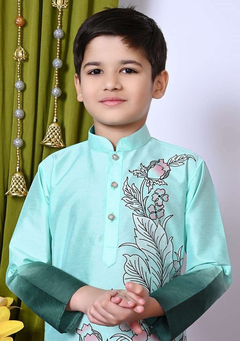 Sea Green Printed Silk Kurta Set For Boys - Indya