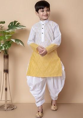 Yellow Embroidered Cotton Kurta Set For Boys