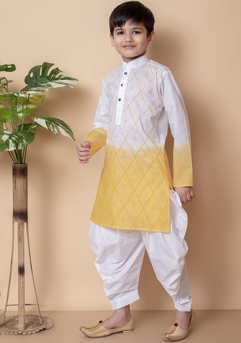 Yellow Embroidered Cotton Kurta Set For Boys - Indya