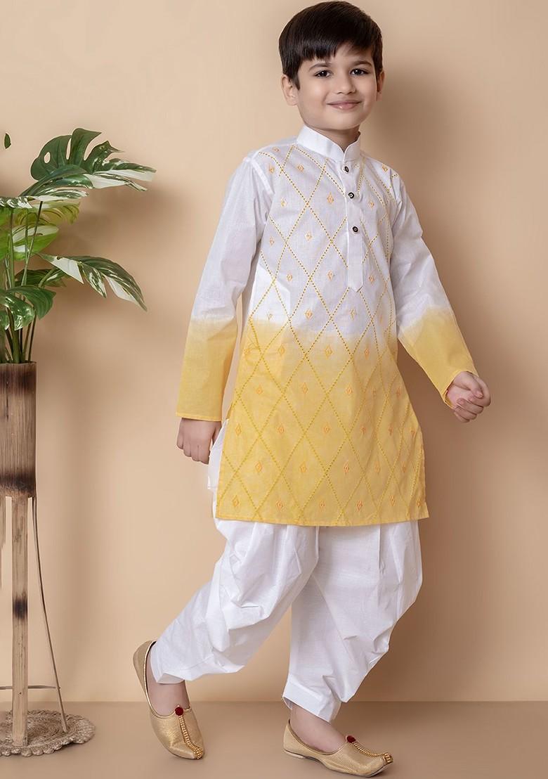 Yellow Embroidered Cotton Kurta Set For Boys - Indya