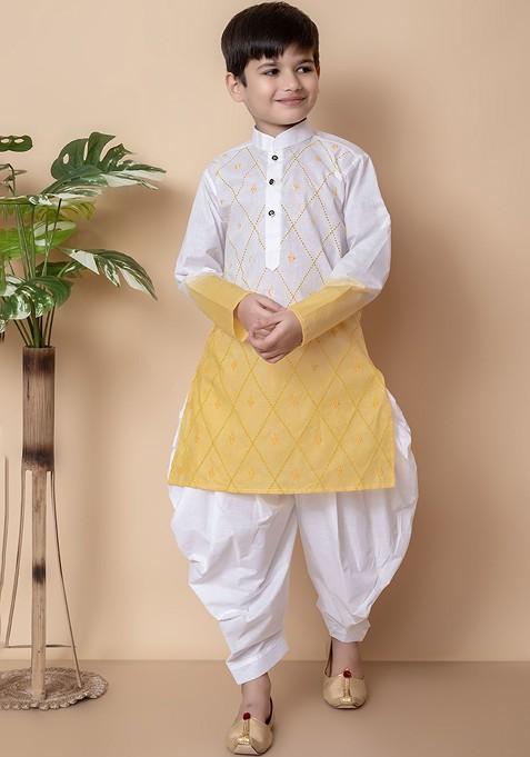 Yellow Embroidered Cotton Kurta Set For Boys — view on Indya