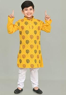 Yellow Printed Blended Kurta Set For Boys
