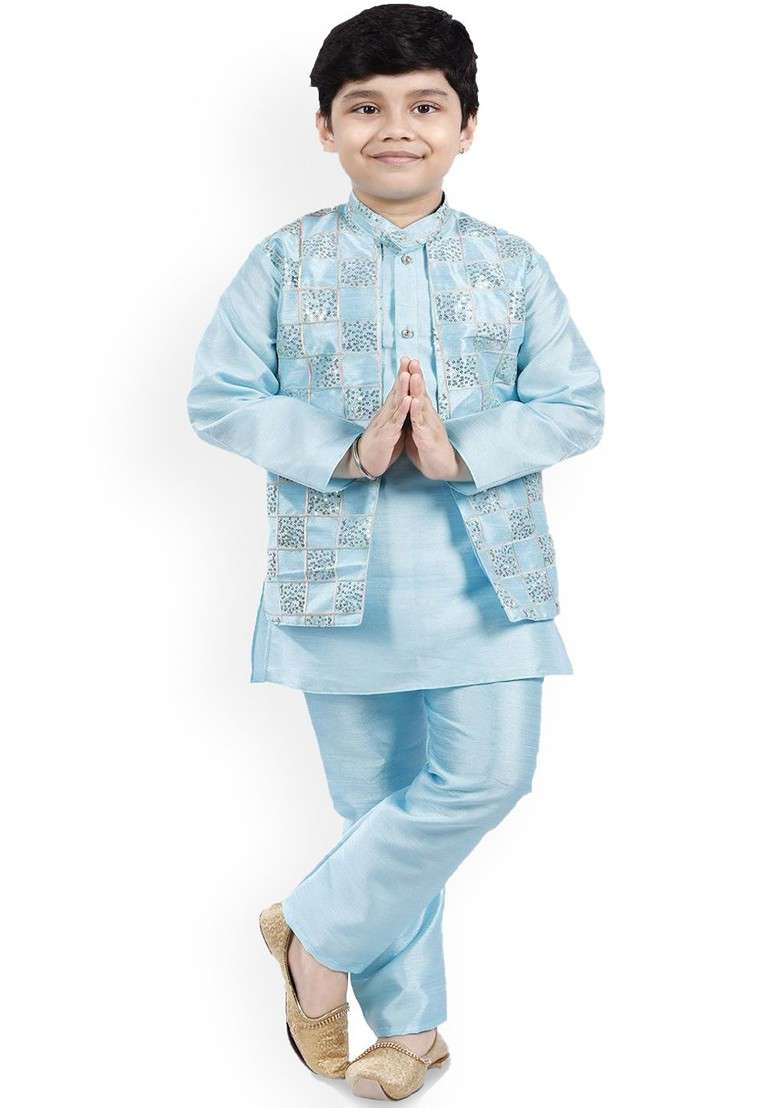 Teal Embroidered Silk Kurta Set For Boys - Indya