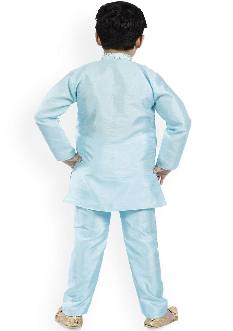 Teal Embroidered Silk Kurta Set For Boys - Indya
